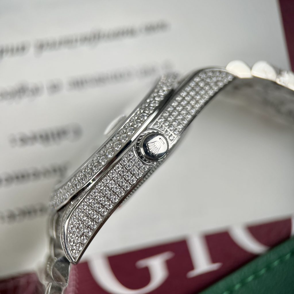 Đồng hồ Rolex DateJust fake cao cấp nam máy cơ đính full đá Swarovski dây kim loại 41mm