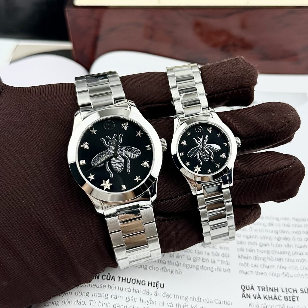 Đồng Hồ Gucci Ong Dây Kim Loại Mặt Đen Like Auth 28/38mm