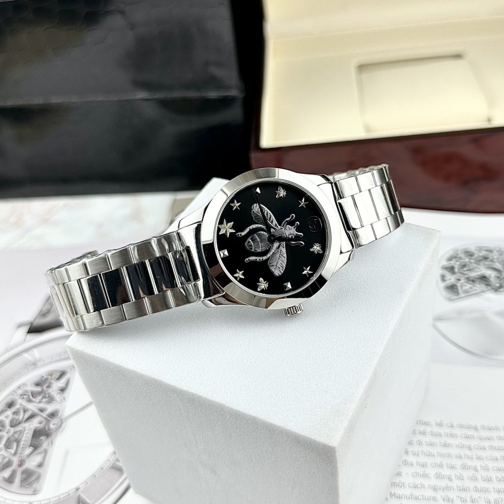 Đồng Hồ Gucci Ong Dây Kim Loại Mặt Đen Like Auth 28/38mm
