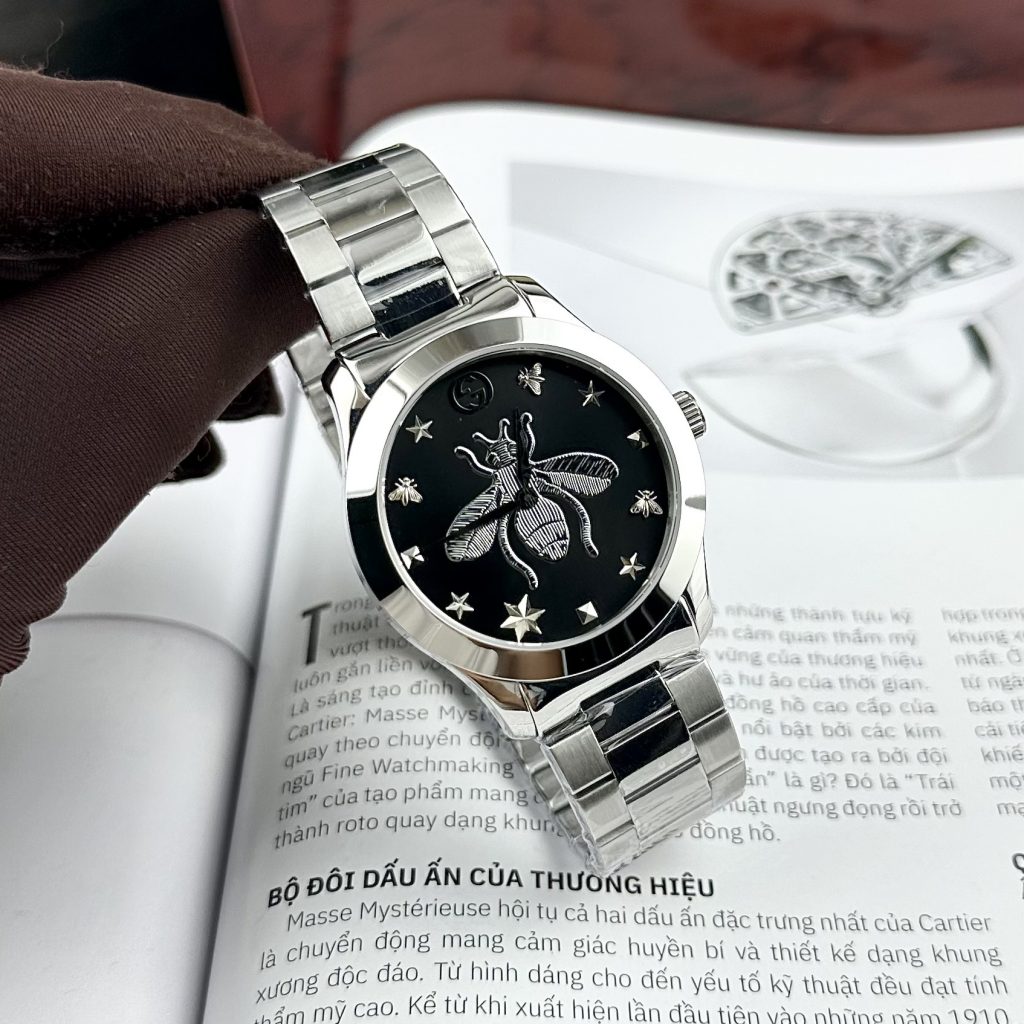 Đồng Hồ Gucci Ong Dây Kim Loại Mặt Đen Like Auth 28/38mm