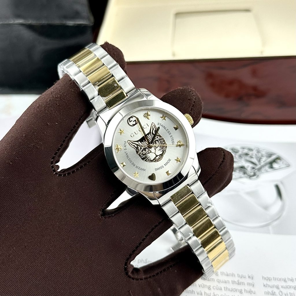 Đồng Hồ Gucci Mèo Dây Kim Loại Màu Demi Like Auth 28/38mm