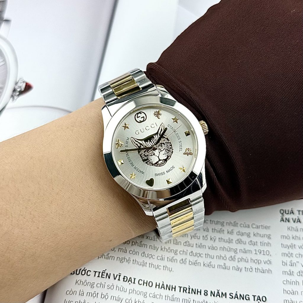 Đồng Hồ Gucci Mèo Dây Kim Loại Màu Demi Like Auth 28/38mm
