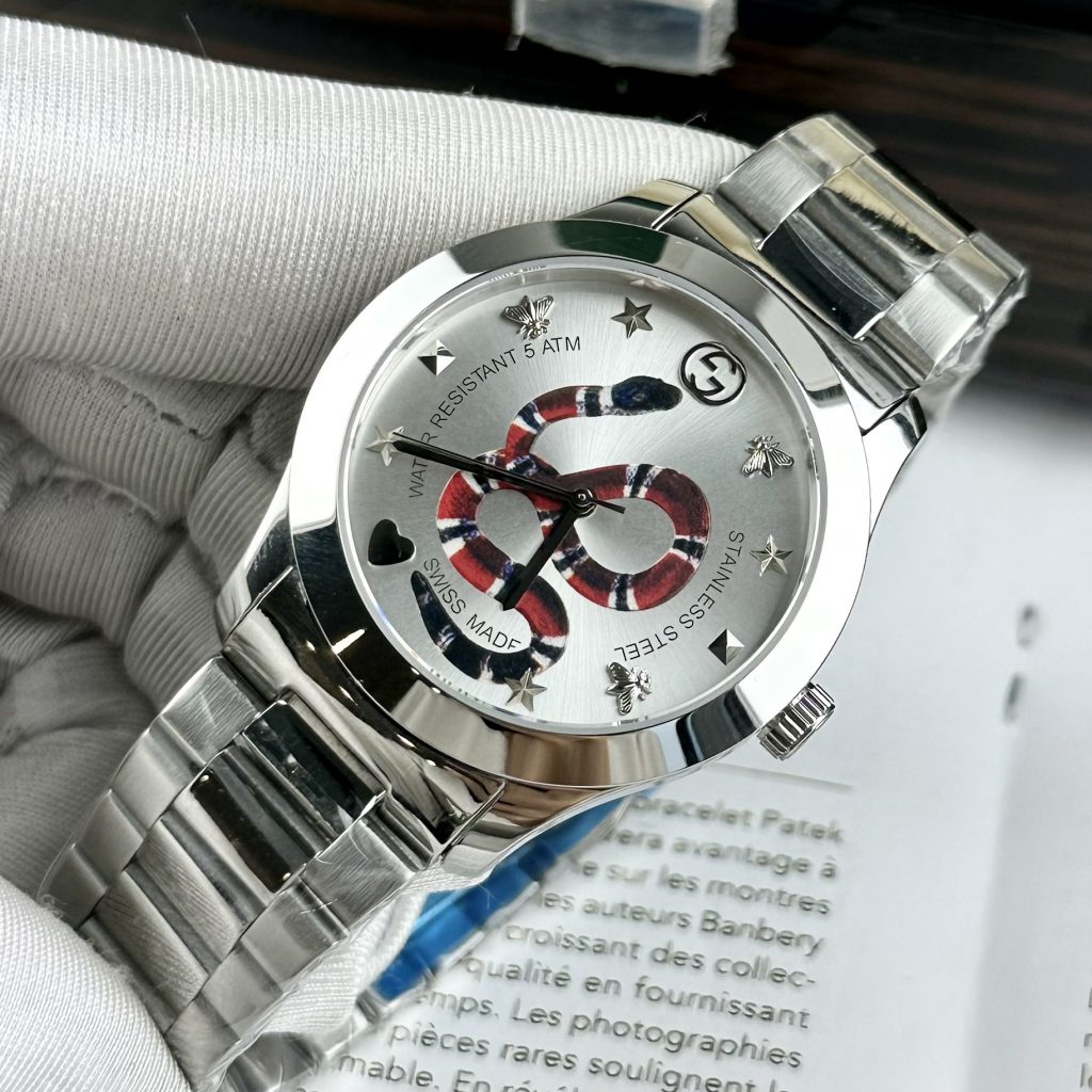 Đồng hồ đôi Gucci rắn dây kim loại mặt trắng like auth 28/38mm