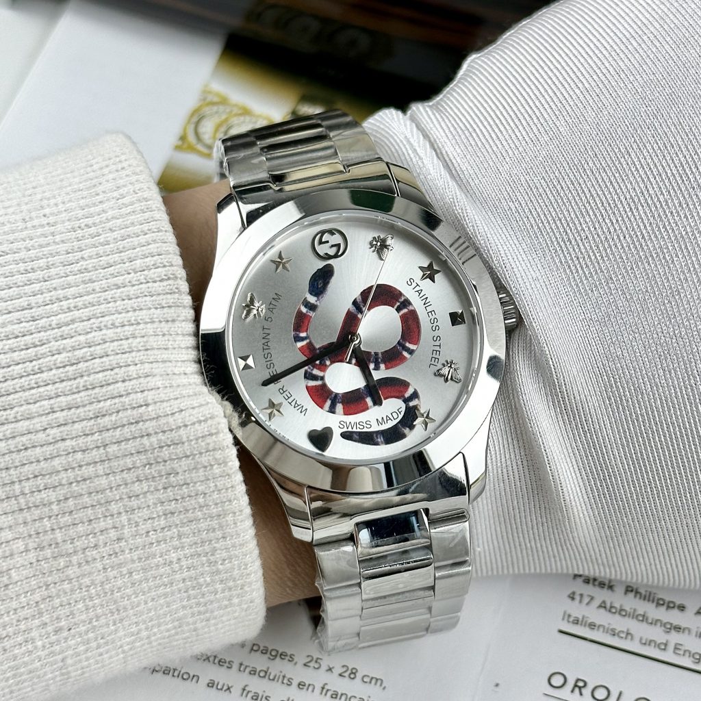 Đồng hồ đôi Gucci rắn dây kim loại mặt trắng like auth 28/38mm