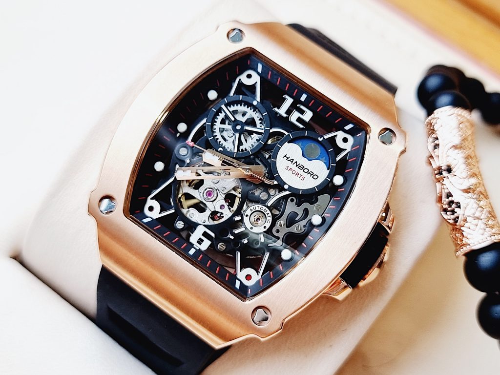 Đồng hồ hanboro By Huboler nam máy cơ chính hãng màu rose gold 44mm