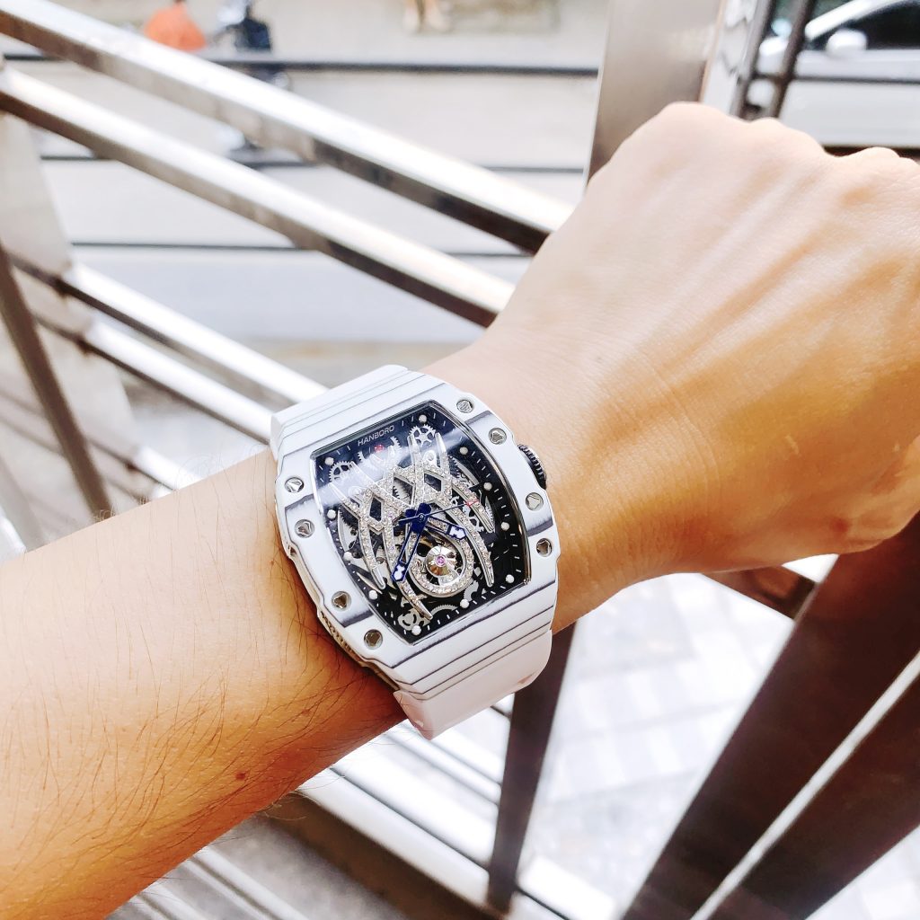 Đồng hồ Hanboro chính hãng nam vỏ carbon màu trắng 45mm (2)