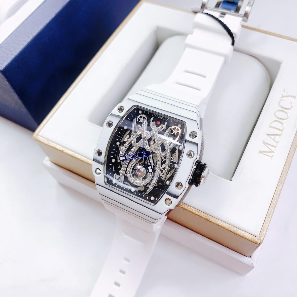Đồng hồ Hanboro chính hãng nam vỏ carbon màu trắng 45mm (2)