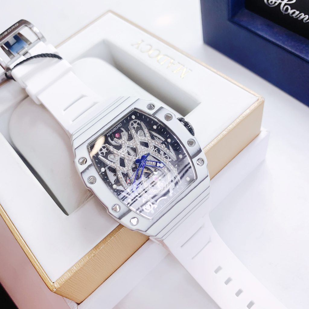 Đồng hồ Hanboro chính hãng nam vỏ carbon màu trắng 45mm (2)