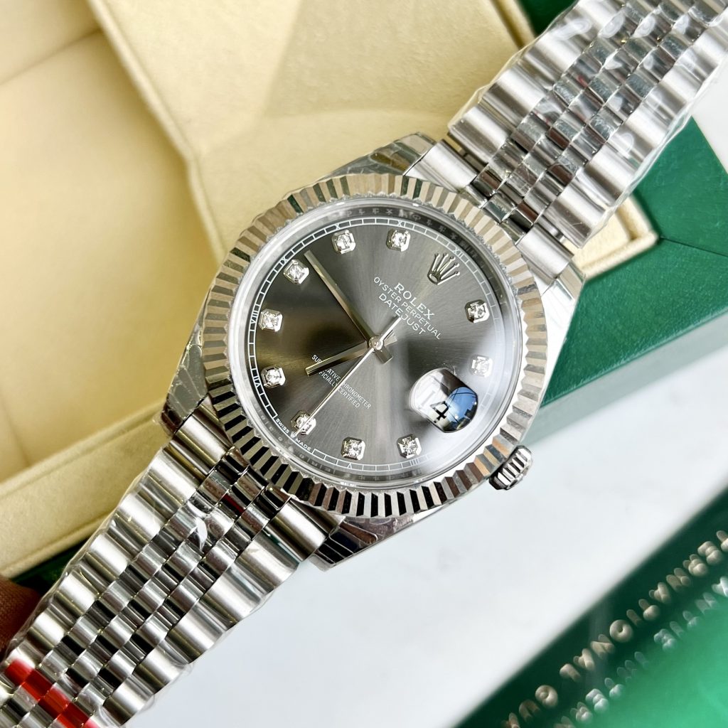 Đồng hồ nam Rolex DateJust Rep 11 mặt xám cọc số đá 41mm (2)