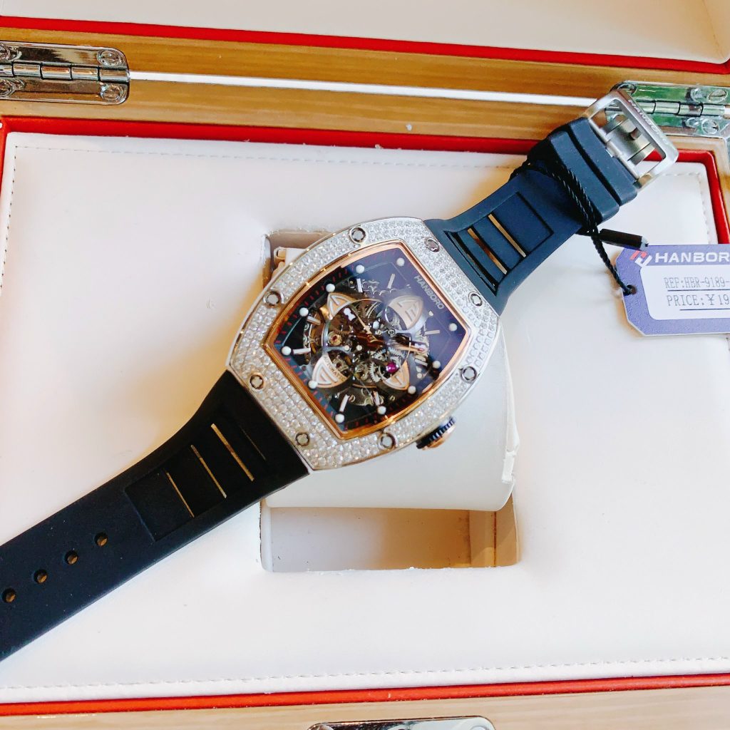 Đồng hồ nam máy cơ Hanboro chính hãng đính đá 40x48mm (2)