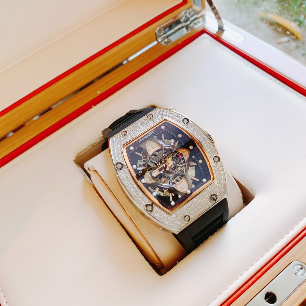 Đồng hồ nam máy cơ Hanboro chính hãng đính đá 40x48mm (2)