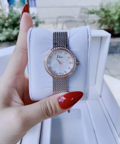 Đồng hồ Dior Satine nữ mặt tròn đính đá dây thép lụa mềm 30mm