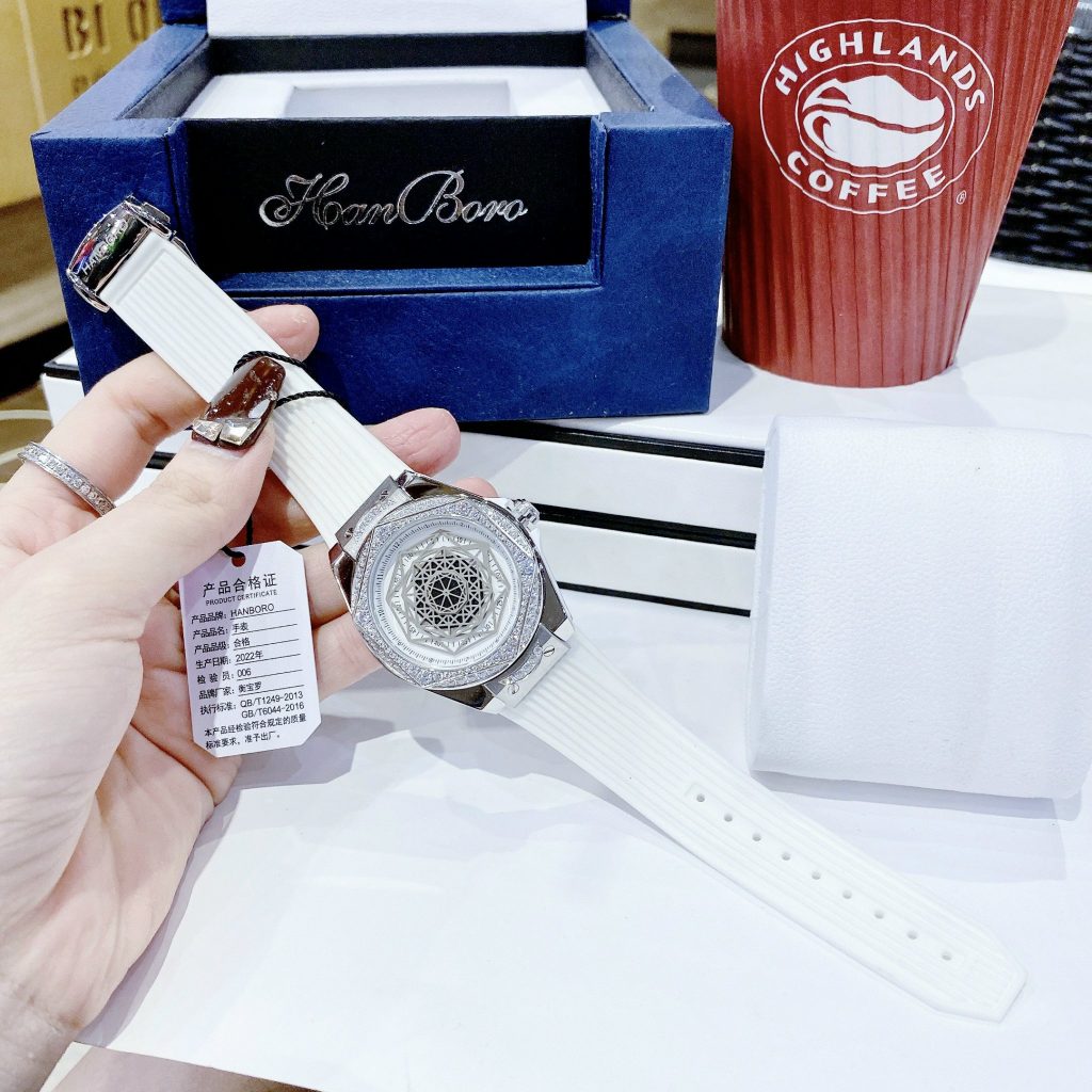 Đồng hồ chính hãng Hanboro nữ màu trắng đính đá 36mm (2)