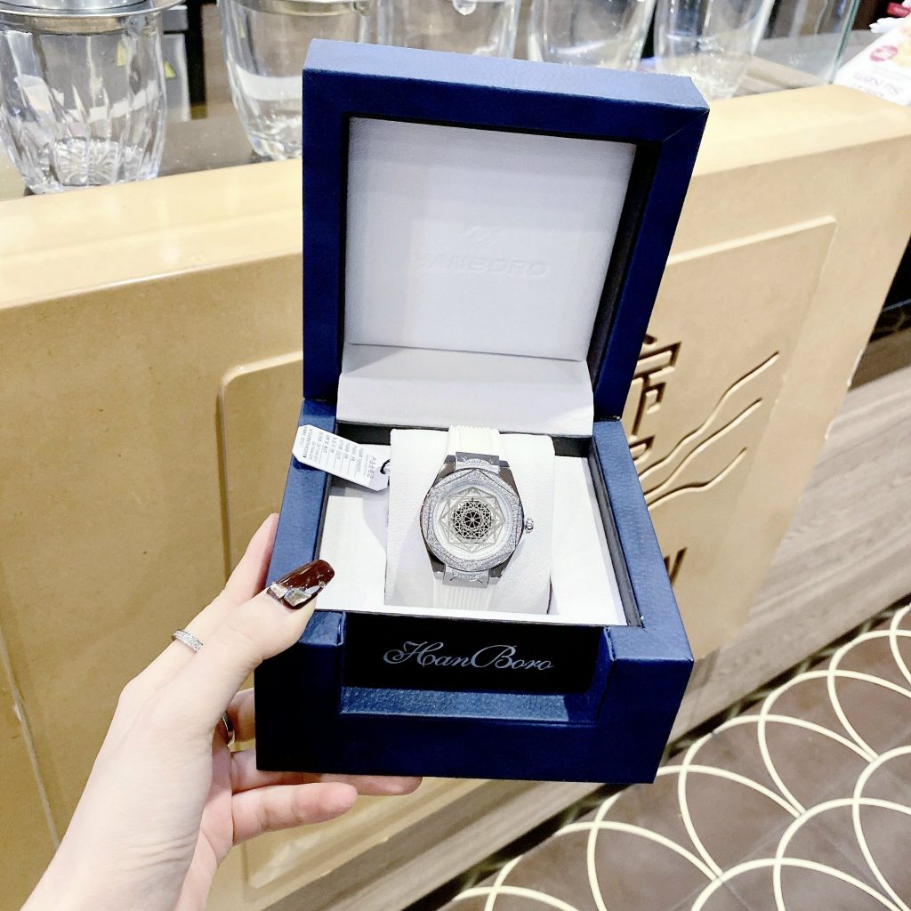 Đồng hồ chính hãng Hanboro nữ màu trắng đính đá 36mm (2)