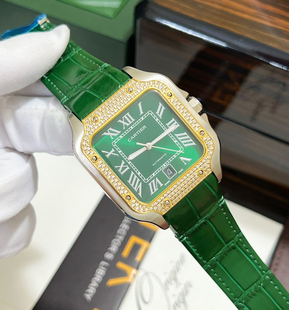 Đồng hồ nam Cartier Santos màu xanh lá Fake cao cấp 40mm (2)