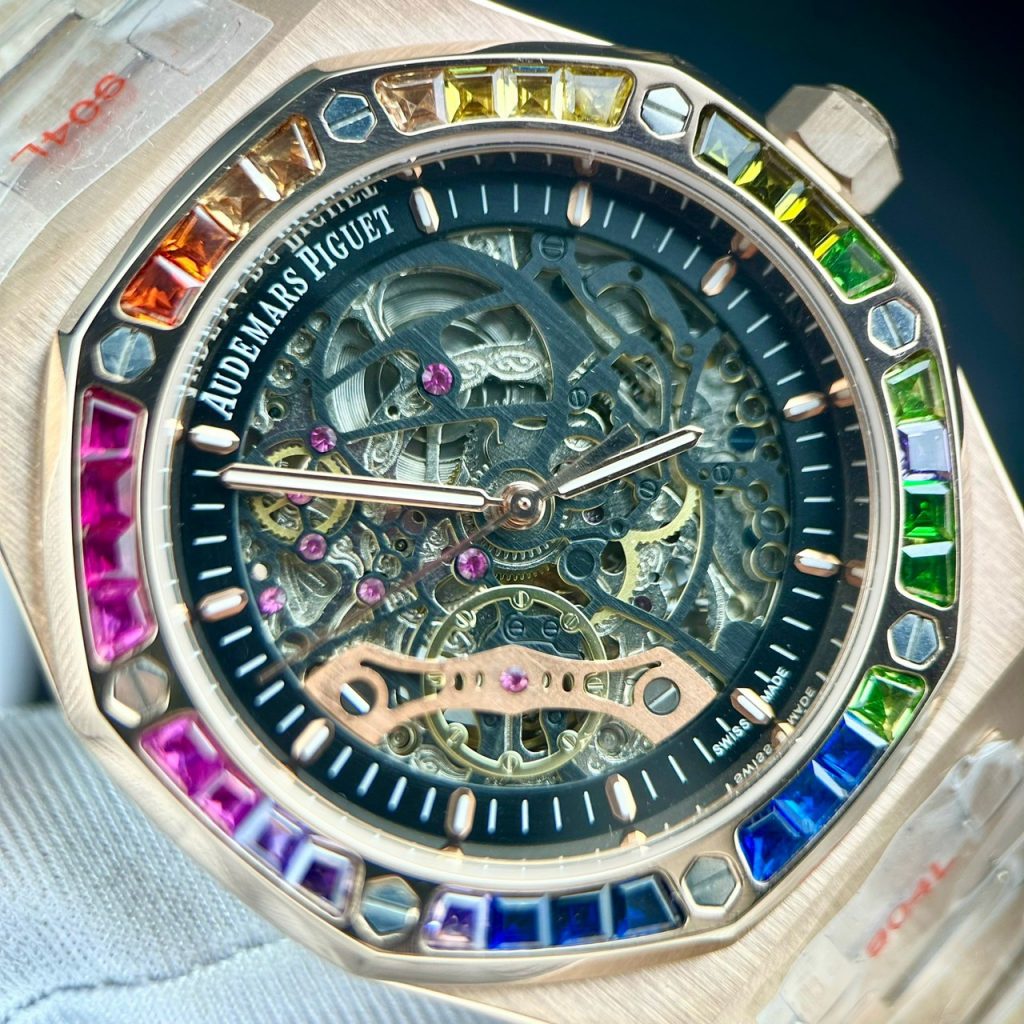 Đồng hồ Audemars Piguet rose gold đính đá 7 màu Fake cao cấp 41mm (2)