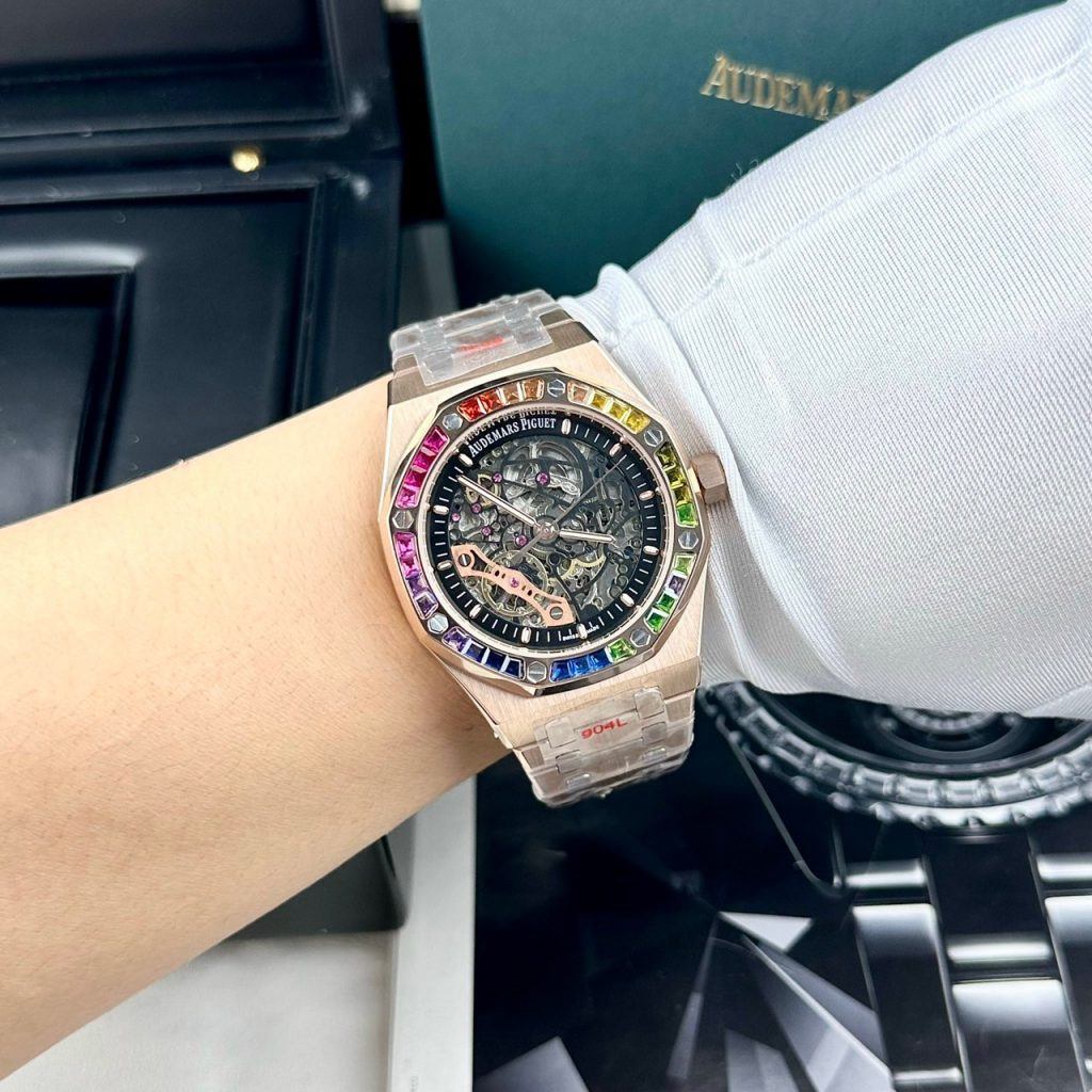 Đồng hồ Audemars Piguet rose gold đính đá 7 màu Fake cao cấp 41mm (2)