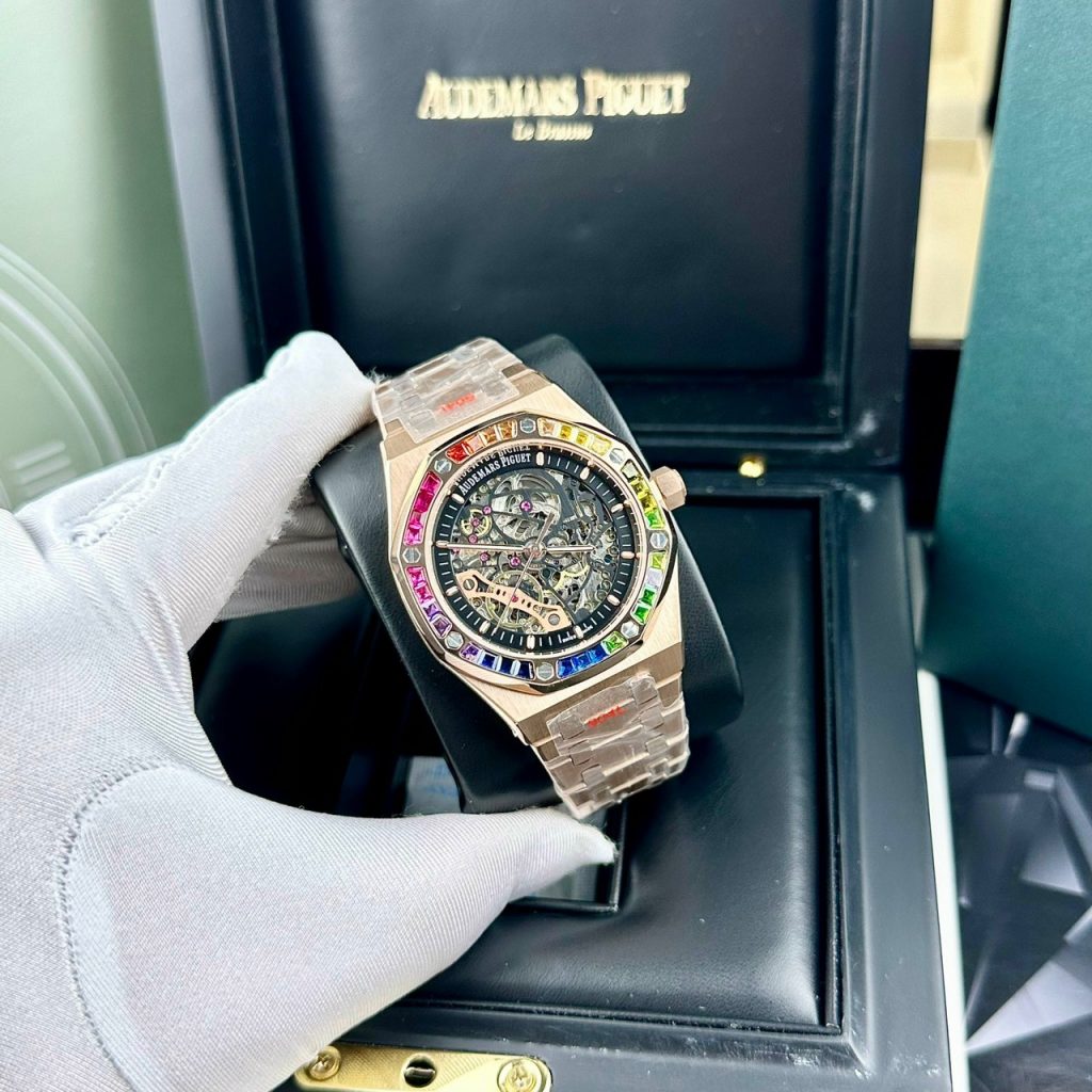Đồng hồ Audemars Piguet rose gold đính đá 7 màu Fake cao cấp 41mm (2)