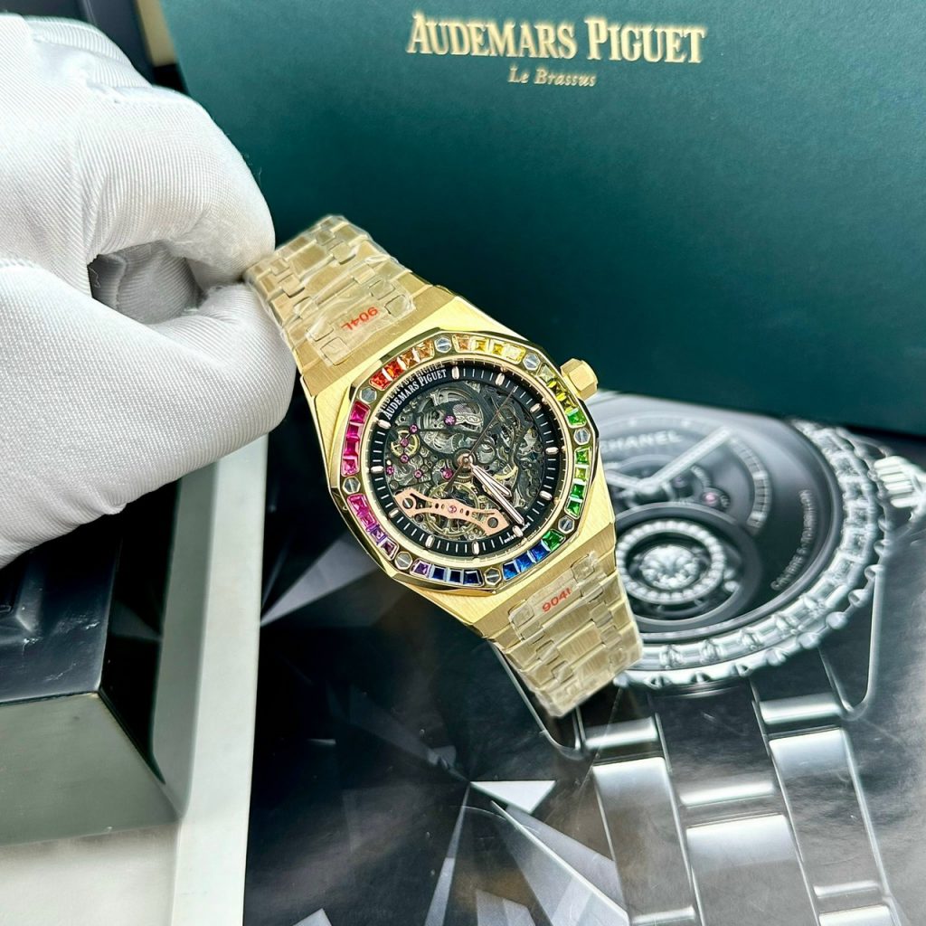 Đồng hồ Audemars Piguet vàng gold Fake 11 cao cấp đính đá 7 màu 41mm (2)