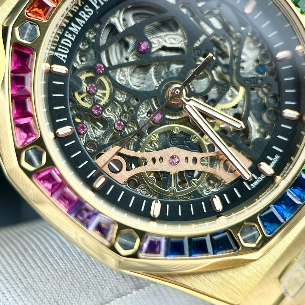 Đồng hồ Audemars Piguet vàng gold Fake 11 cao cấp đính đá 7 màu 41mm (2)