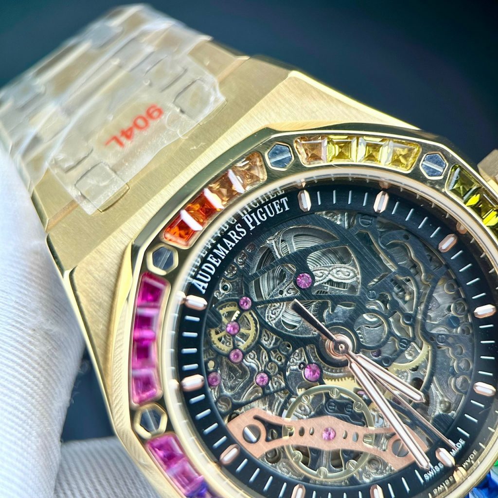 Đồng hồ Audemars Piguet vàng gold Fake 11 cao cấp đính đá 7 màu 41mm (2)