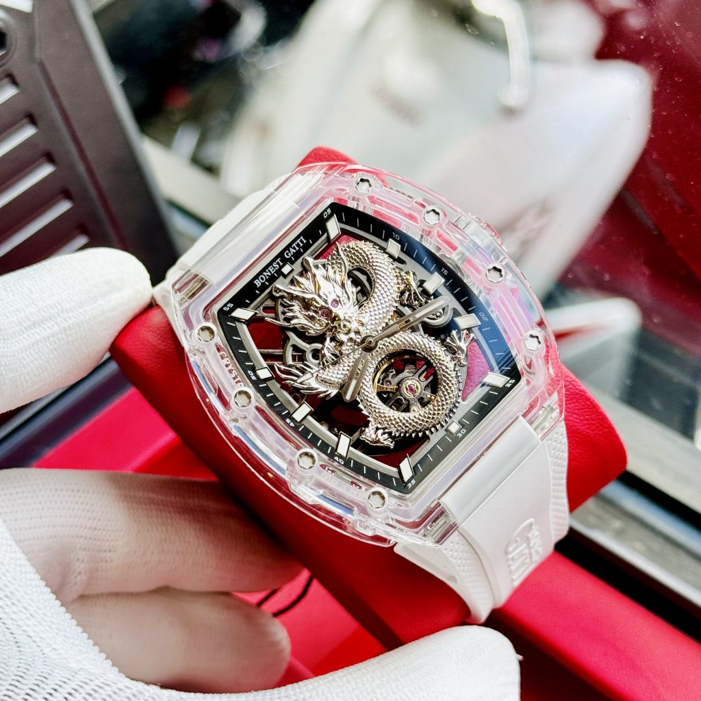 Đồng hồ Bonest Gatti rồng bạc chính hãng nam dây cao su trắng 45mm (2)