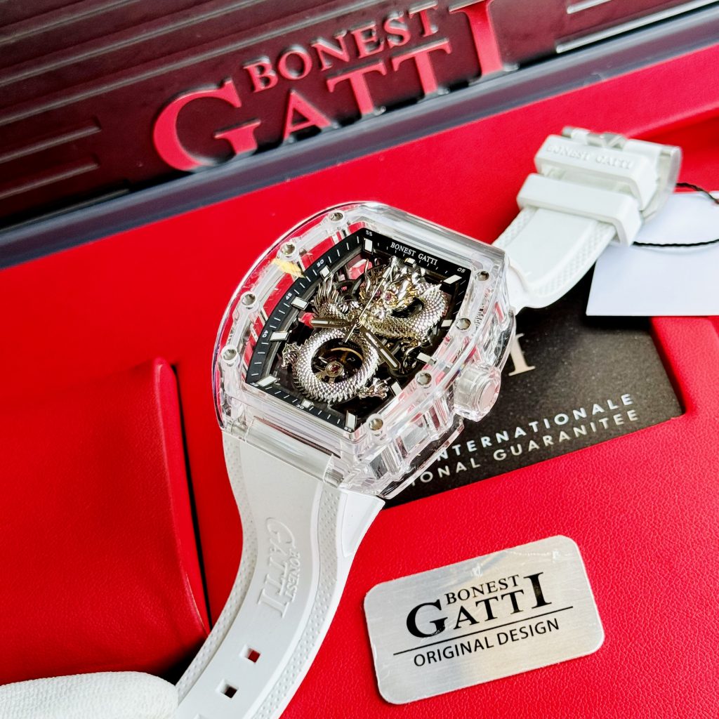 Đồng hồ Bonest Gatti rồng bạc chính hãng nam dây cao su trắng 45mm (2)