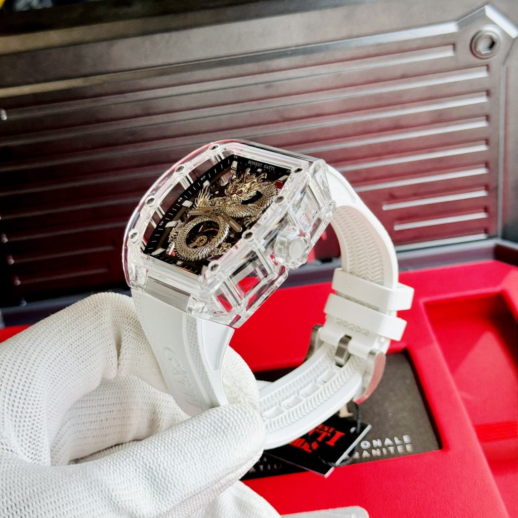 Đồng hồ Bonest Gatti rồng bạc chính hãng nam dây cao su trắng 45mm (2)