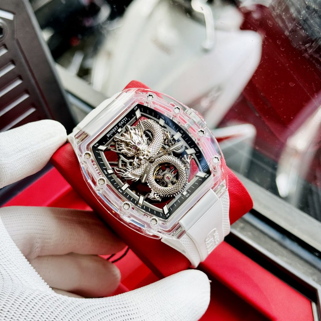 Đồng hồ Bonest Gatti rồng bạc chính hãng nam dây cao su trắng 45mm (2)