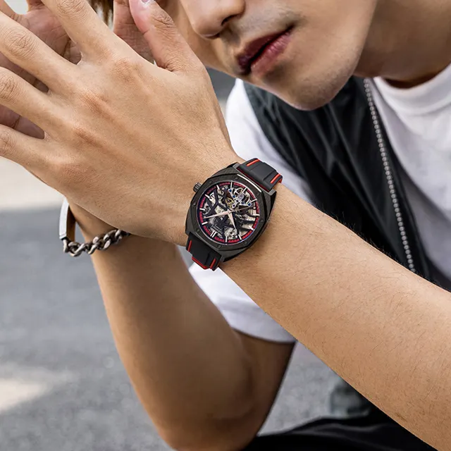 Đồng hồ Mark Fairwhale Skeleton 6130 chính hãng dây cao su 43mm (2)