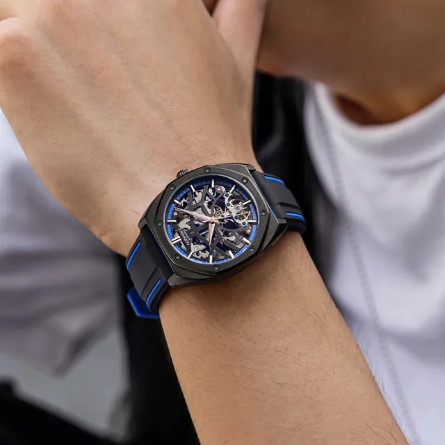 Đồng hồ Mark Fairwhale Skeleton 6130 chính hãng dây cao su 43mm (2)