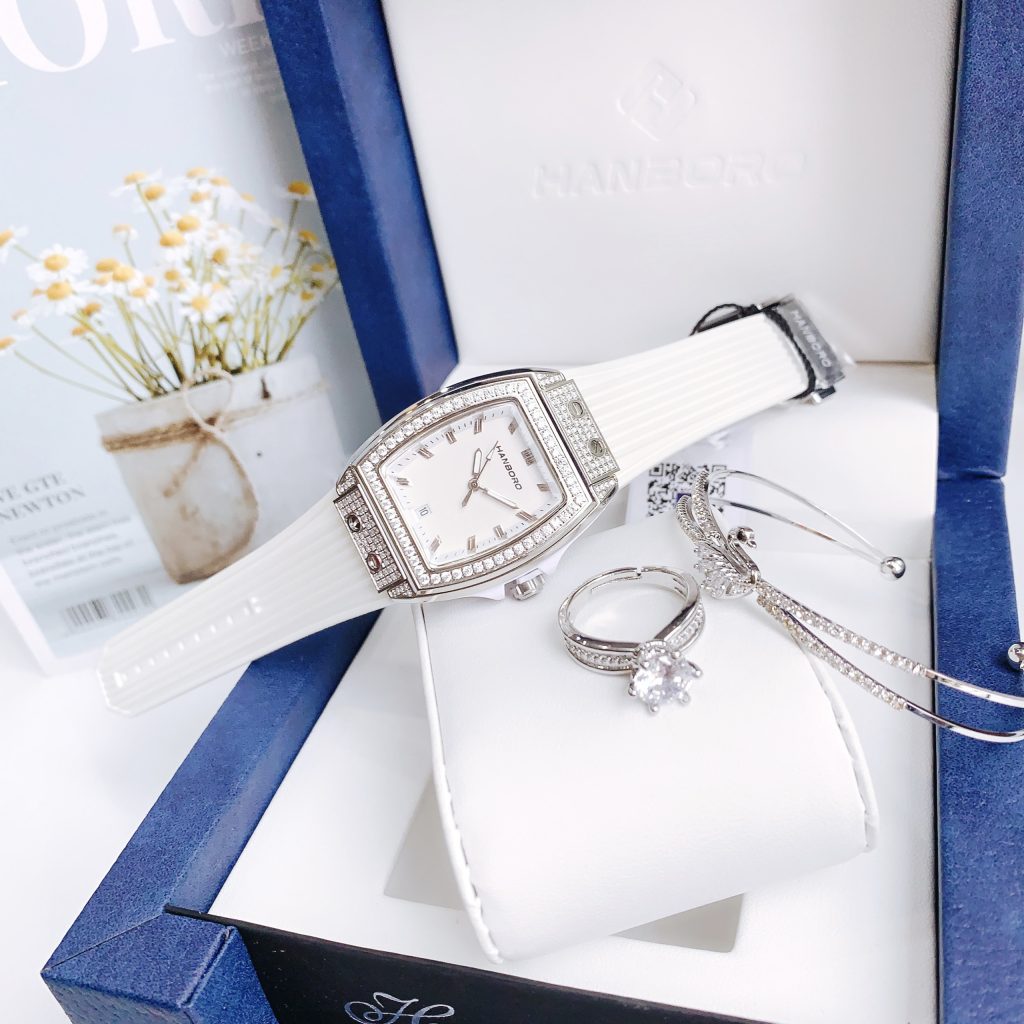 Đồng hồ chính hãng Hanboro nữ đính đá màu trắng 36mm (2)