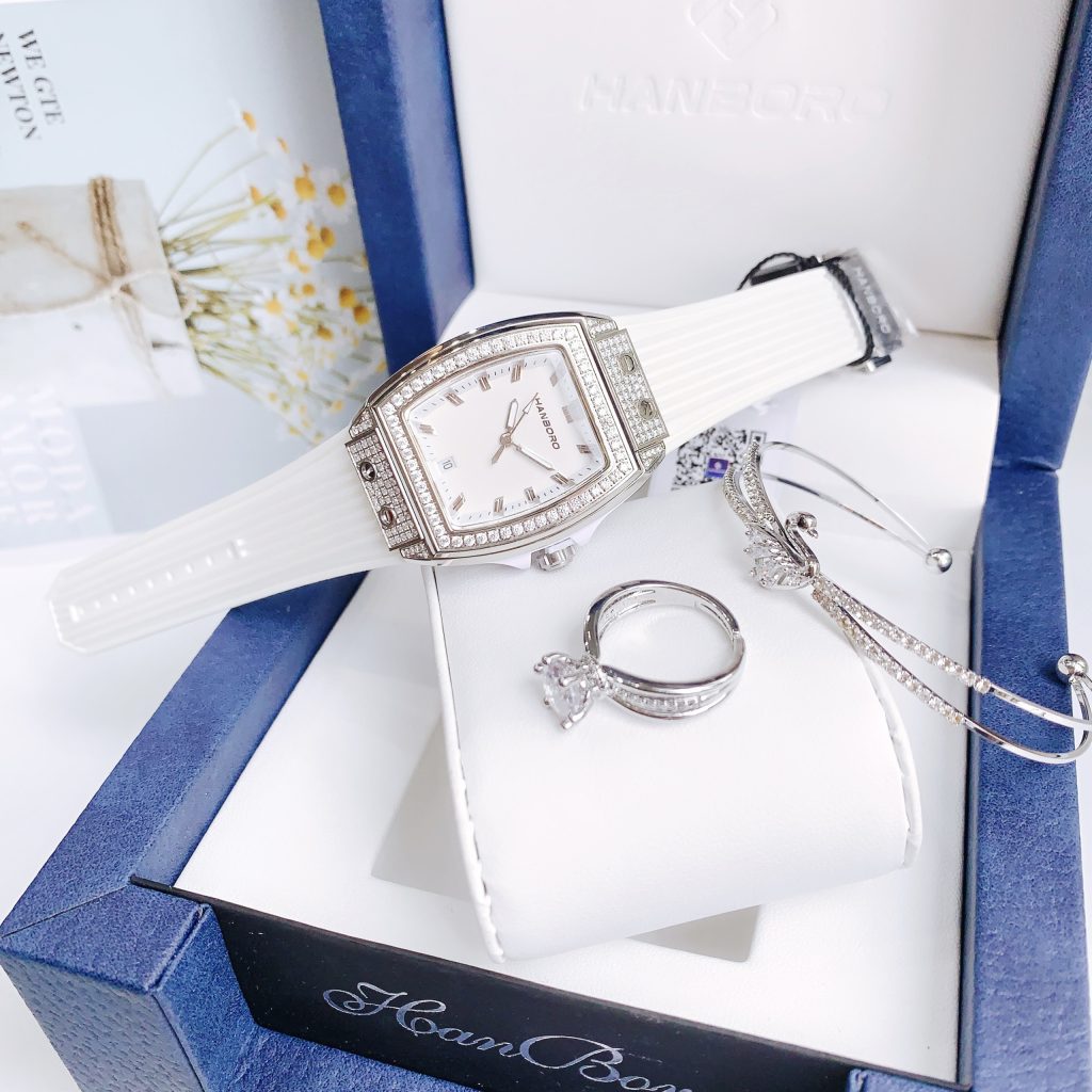 Đồng hồ chính hãng Hanboro nữ đính đá màu trắng 36mm (2)