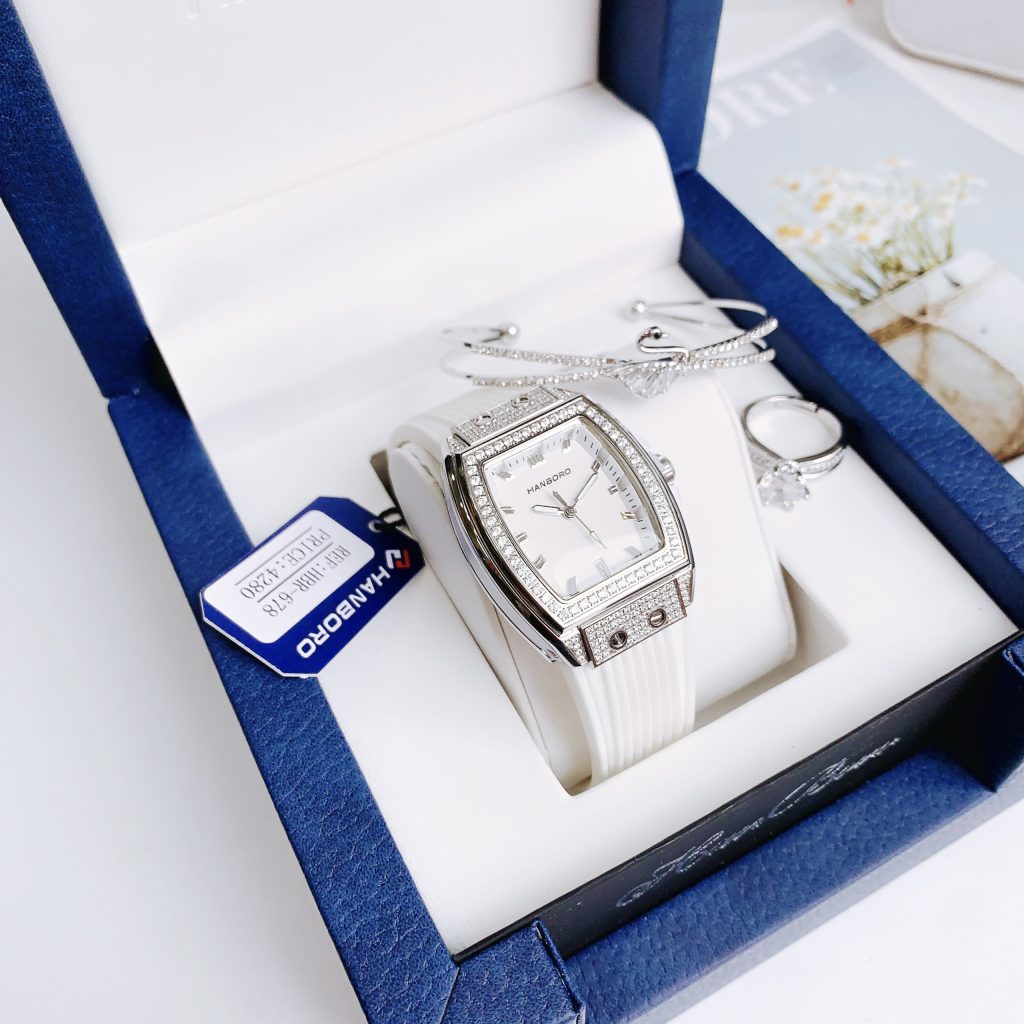Đồng hồ chính hãng Hanboro nữ đính đá màu trắng 36mm (2)