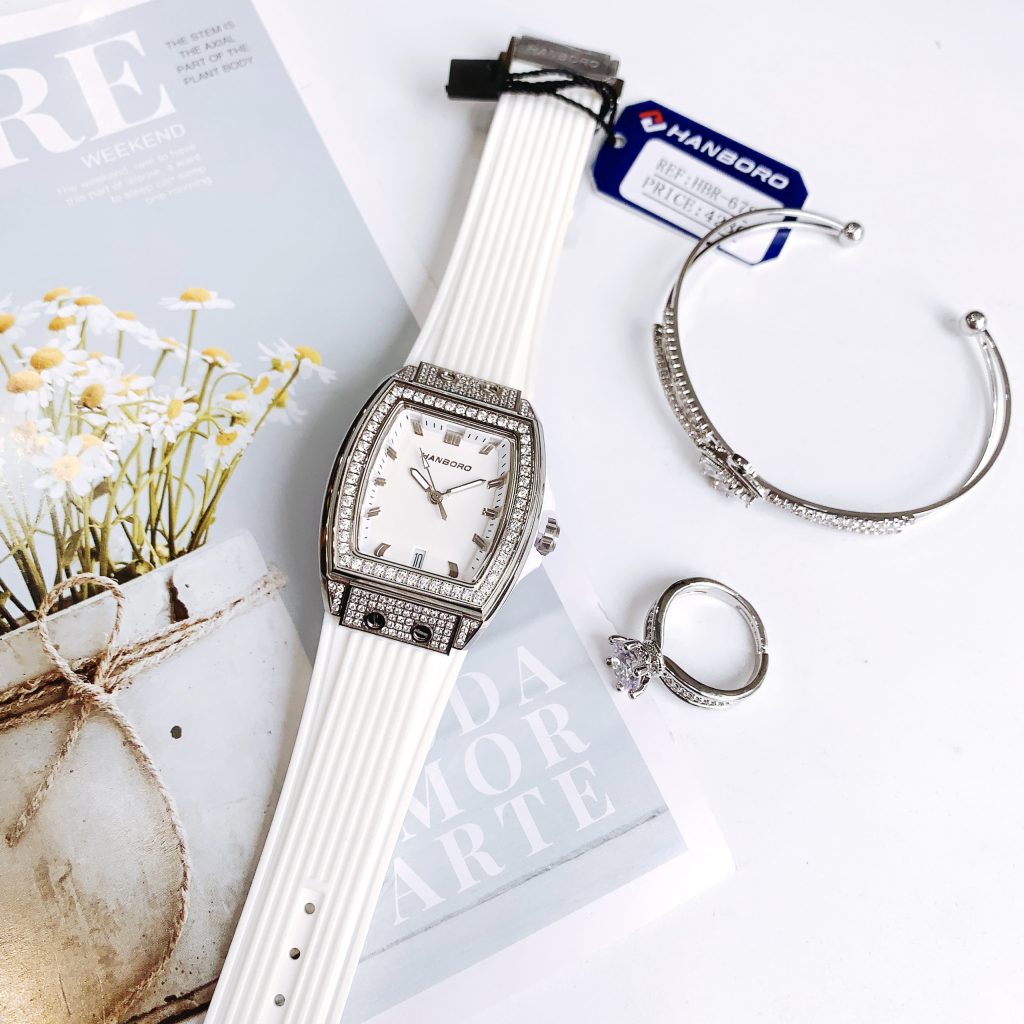 Đồng hồ chính hãng Hanboro nữ đính đá màu trắng 36mm (2)