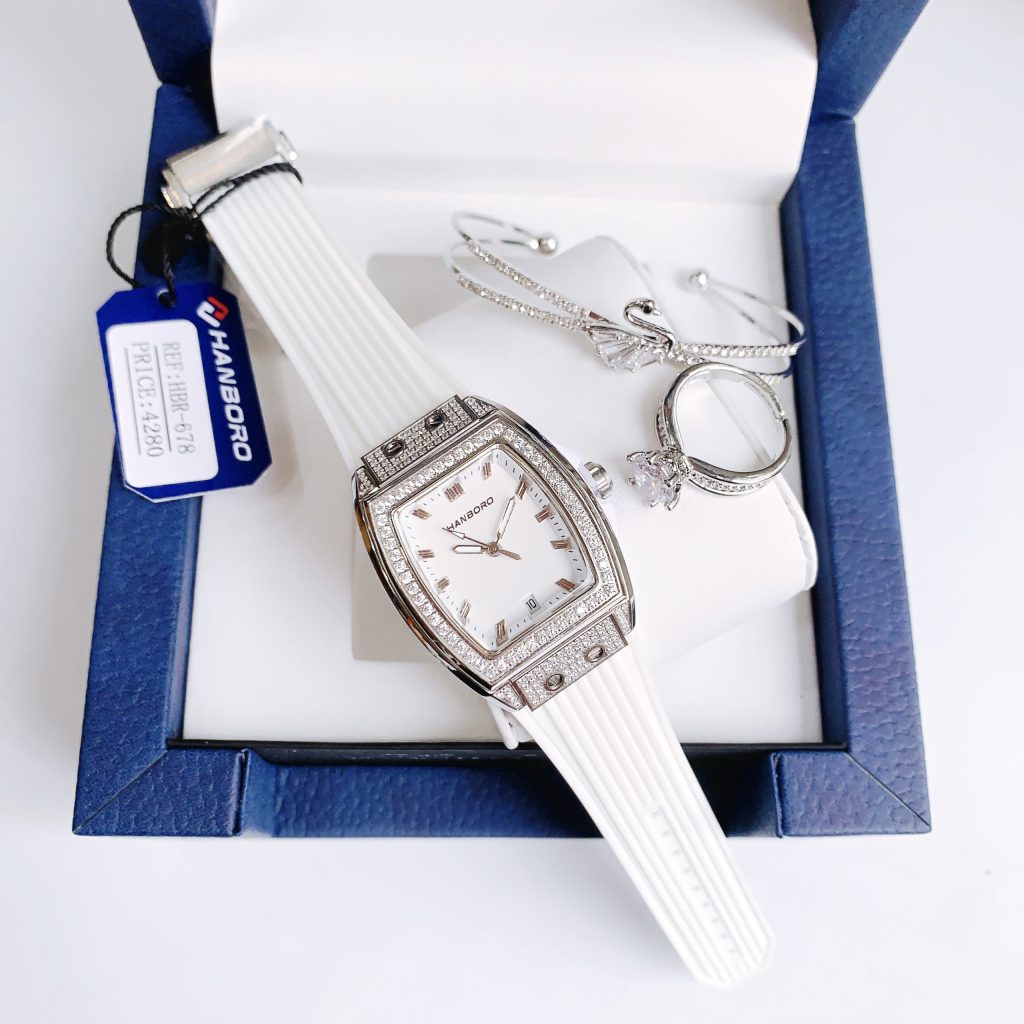 Đồng hồ chính hãng Hanboro nữ đính đá màu trắng 36mm (2)
