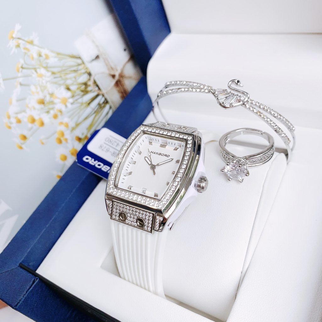 Đồng hồ chính hãng Hanboro nữ đính đá màu trắng 36mm (2)