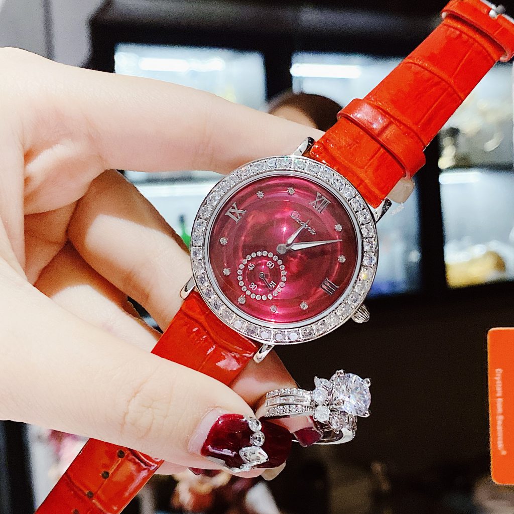 Đồng hồ Davena chính hãng nữ Davena 31903 dây da màu đỏ đính đá 37mm