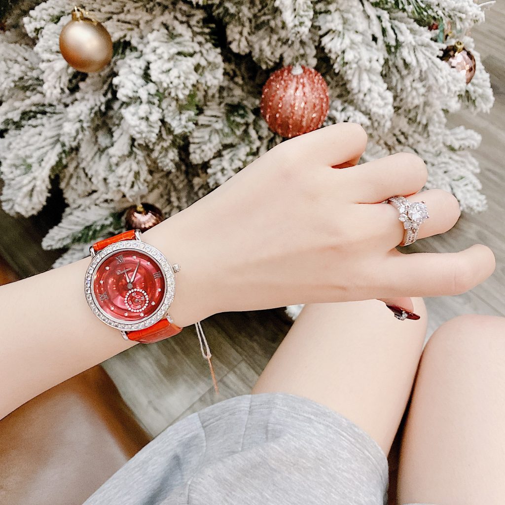 Đồng hồ Davena chính hãng nữ Davena 31903 dây da màu đỏ đính đá 37mm