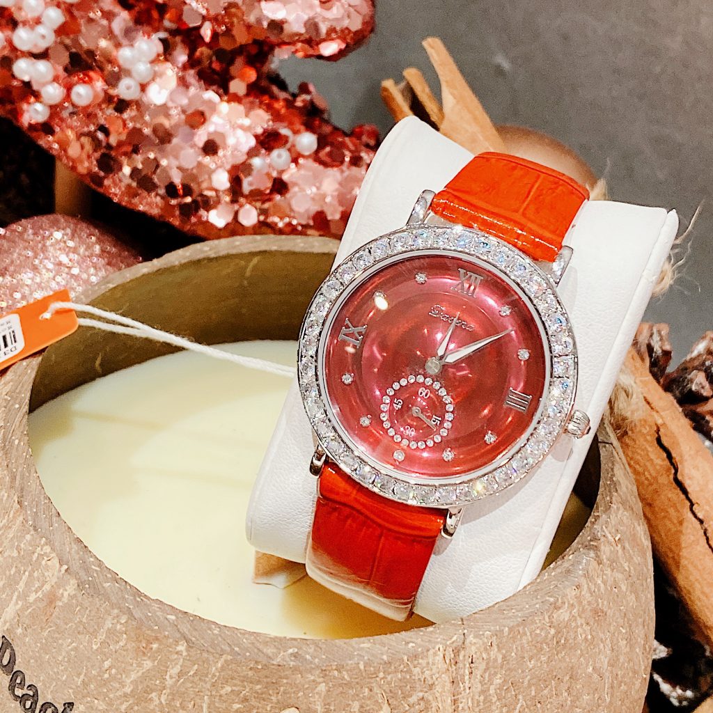 Đồng hồ Davena chính hãng nữ Davena 31903 dây da màu đỏ đính đá 37mm