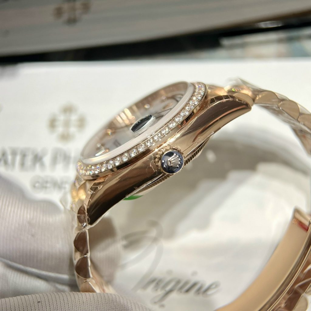 Đồng hồ Rolex Day-Date nam Rose Gold đính đá Replica 1:1 Ew Factory 40mm