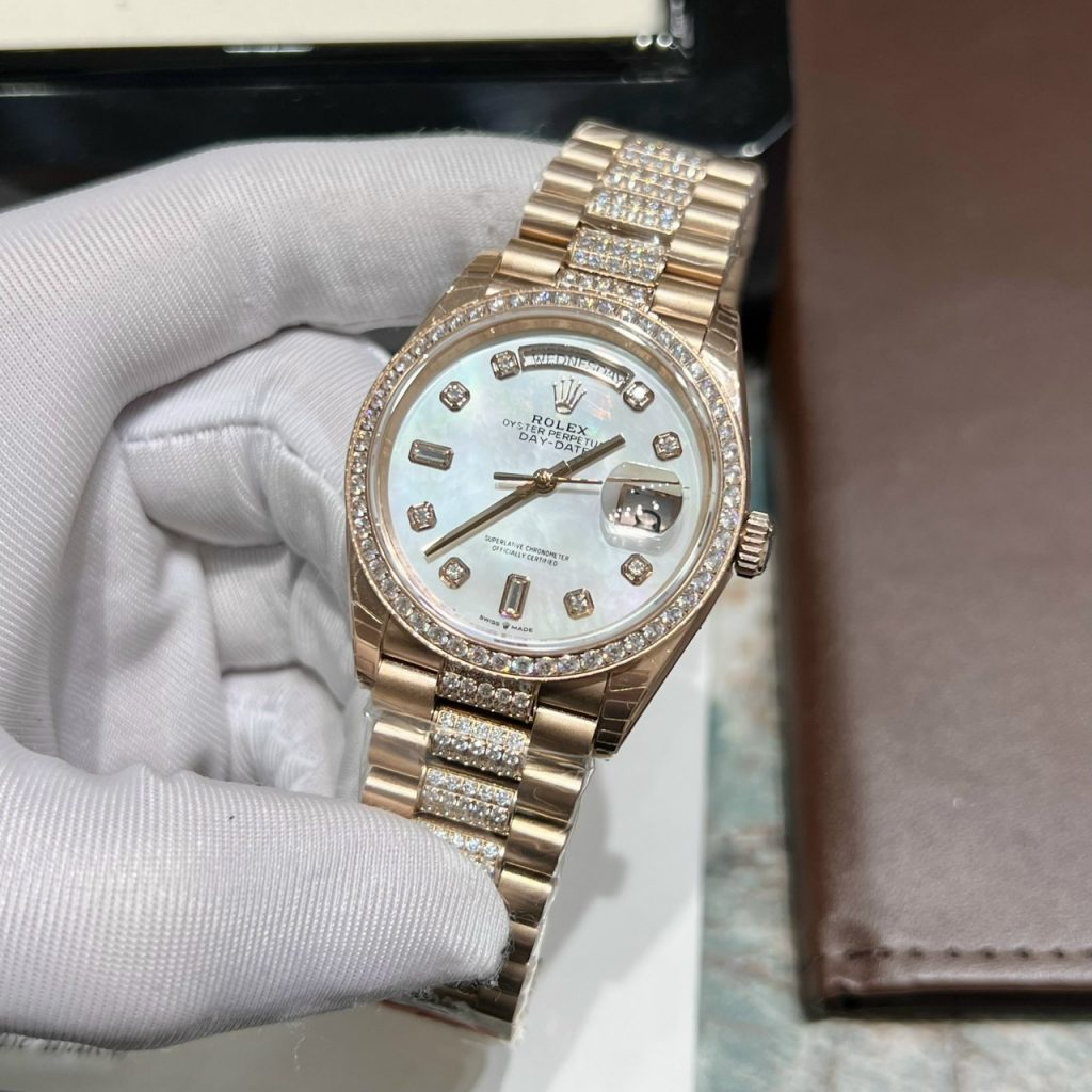 Đồng hồ Rolex Day-Date nam Rose Gold đính đá Replica 1:1 Ew Factory 40mm