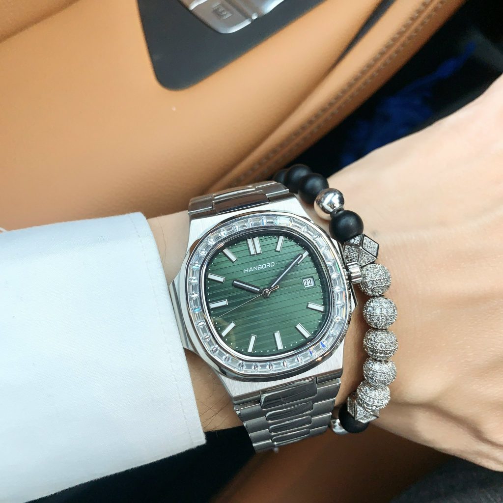 Đồng hồ nam Hanboro chính hãng cọc số dạ quang viền đính đá 40mm (2)