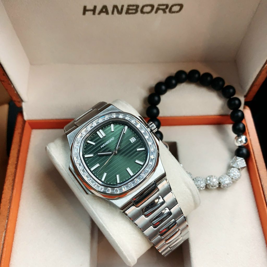 Đồng hồ nam Hanboro chính hãng cọc số dạ quang viền đính đá 40mm (2)