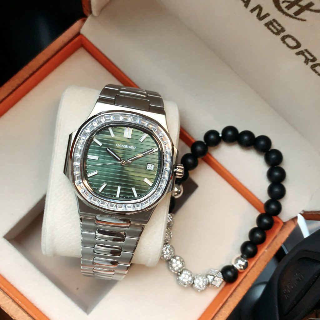 Đồng hồ nam Hanboro chính hãng cọc số dạ quang viền đính đá 40mm (2)