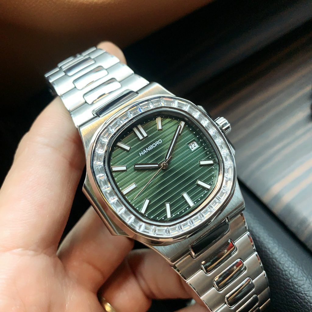 Đồng hồ nam Hanboro chính hãng cọc số dạ quang viền đính đá 40mm (2)