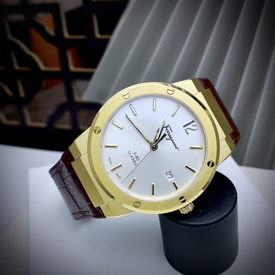 Đồng hồ Salavatore Ferragamo F-80 nam màu Vàng Gold Fake cao cấp 40mm