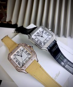Đồng hồ Cartier Santos nam đính đá mặt vuông dây da 40mm (5)