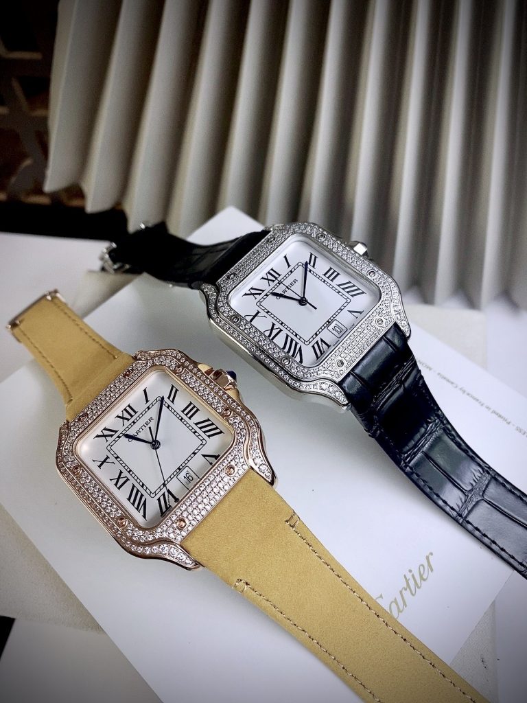 Đồng hồ Cartier Santos nam đính đá mặt vuông dây da 40mm (5)
