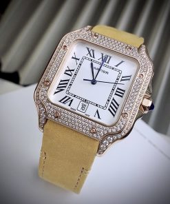 Đồng hồ Cartier Santos nam đính đá mặt vuông dây da 40mm (5)